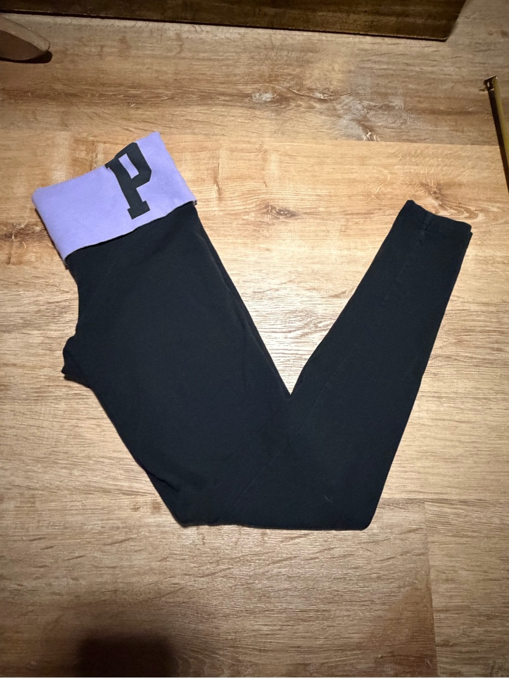 Vs Pink Yoga Black Cotton Leggings with Foldover Purple Waistband